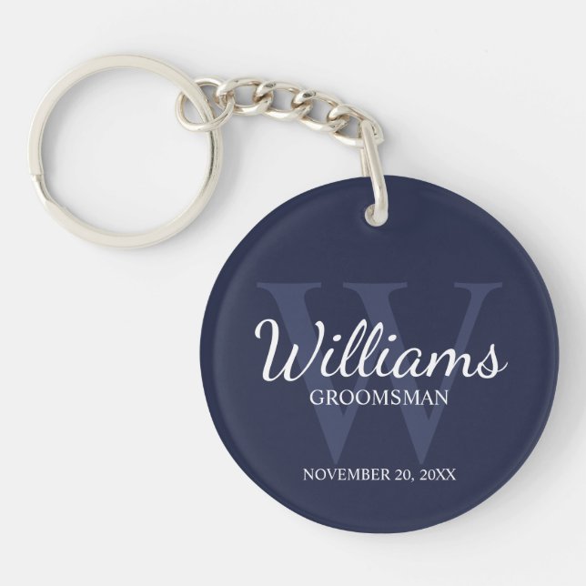 Navy Personalised Script Groomsmen name&Monogram  Key Ring (Front)