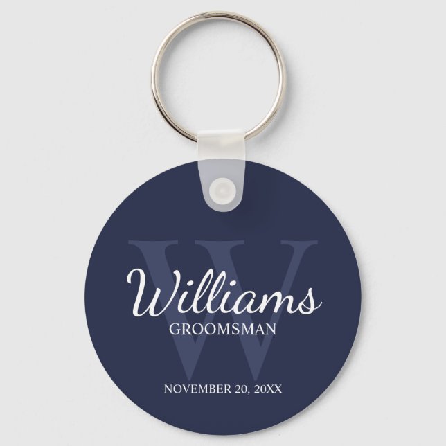 Navy Personalised Script Groomsmen name&Monogram Key Ring (Front)
