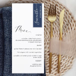 Navy Personalised with Guest Name Elegant Menu<br><div class="desc">Why spend in place cards and menu cards when you can have an elegant All-in-one elegant Menu personalised with each guest name! Contemporary, simple and elegant design with beautiful modern hand written calligraphy. Stripe on the top right corner in navy blue tone with guest name in white. Back in same...</div>