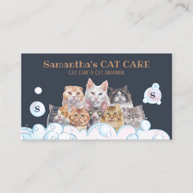 Navy Pet Care Spa Salon Sitting Bath Groomer Cat Business Card (Front)