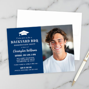 Navy Photo Backyard BBQ Graduation Party Invitation