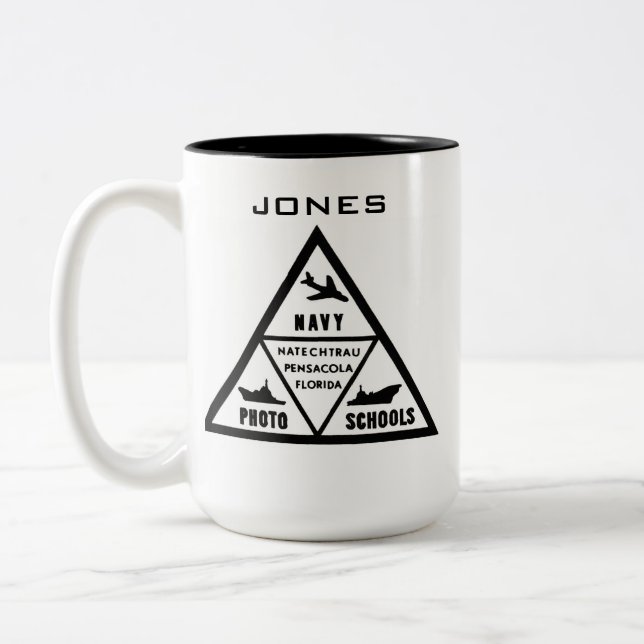 NAVY PHOTO SCHOOL LOGO IN B&W Two-Tone COFFEE MUG (Left)