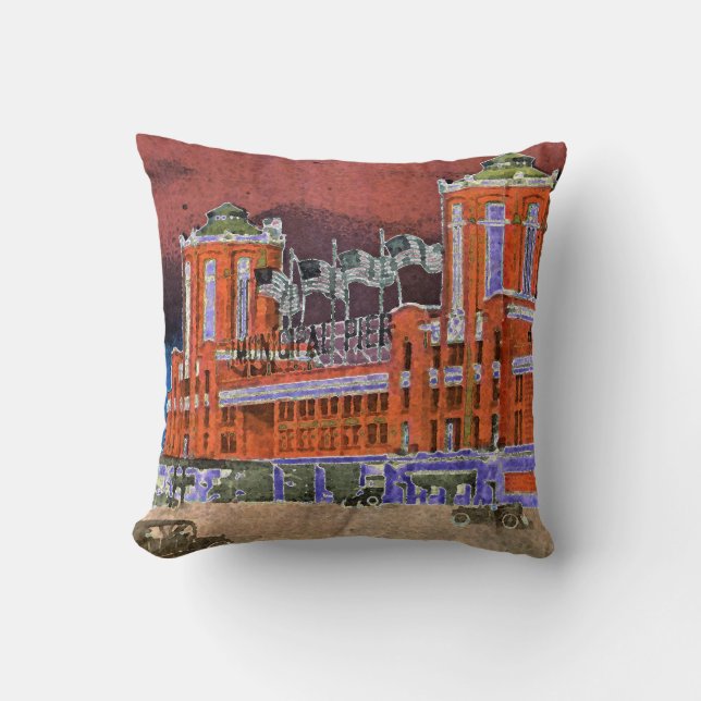 Navy Pier Chicago 1920's Watercolor Art Windy City Cushion (Front)
