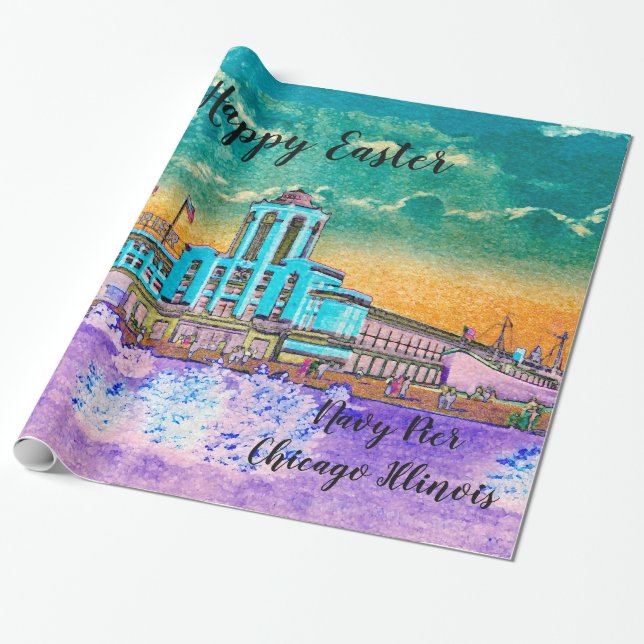 Navy Pier Chicago 1920's Watercolor Easter Colours Wrapping Paper (Unrolled)