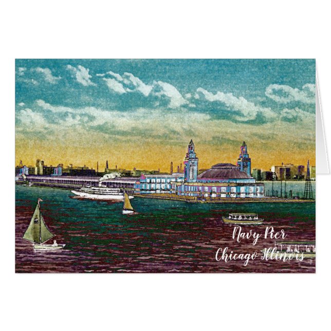 Navy Pier From Lake  Chicago 1920's Watercolor Art (Front Horizontal)