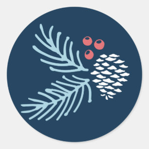 Navy Pine and Berries Round Holiday Sticker
