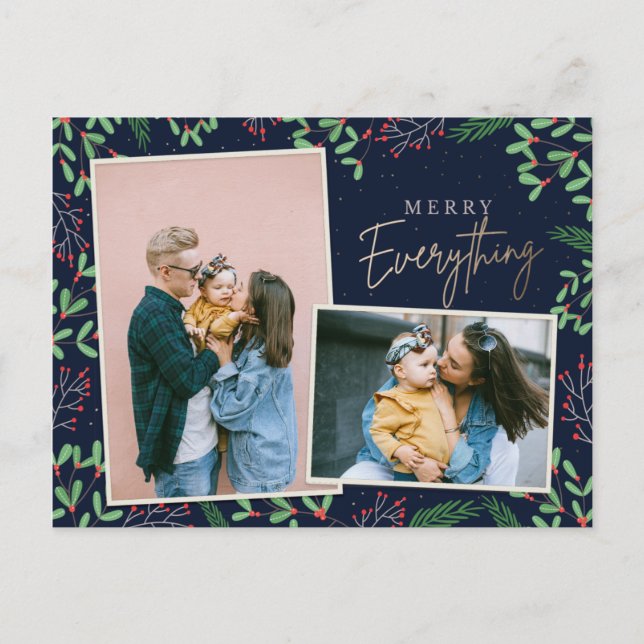Navy Pine Berries Merry Everything Multiple Photo Holiday Postcard (Front)