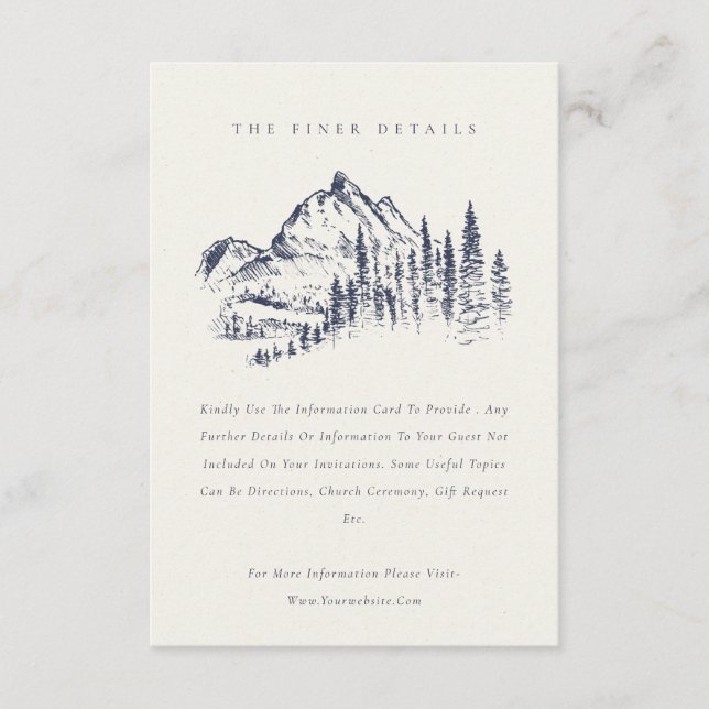 Navy Pine Woods Mountain Sketch Wedding Details Enclosure Card (Front)