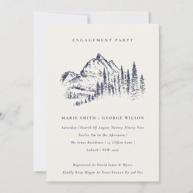 Navy Pine Woods Mountain Sketch Wedding Engagement Invitation (Front)