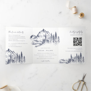 Navy Pine Woods Mountain Sketch Wedding QR Code Tri-Fold Announcement