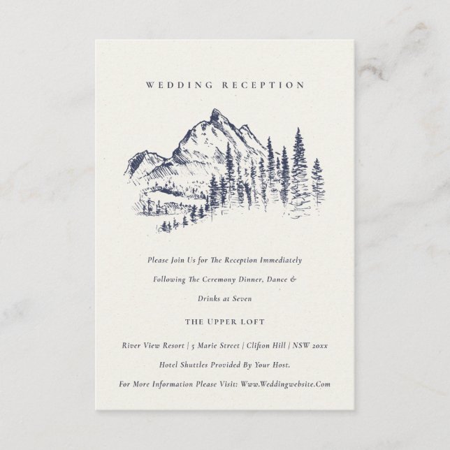 Navy Pine Woods Mountain Sketch Wedding Reception Enclosure Card (Front)
