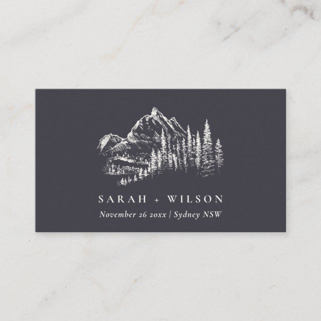 Navy Pine Woods Mountain Sketch Wedding Website Enclosure Card (Front)