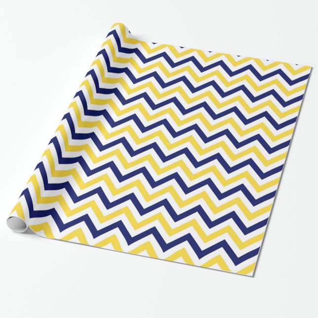 Navy, Pineapple, Wht Large Chevron ZigZag Pattern Wrapping Paper (Unrolled)