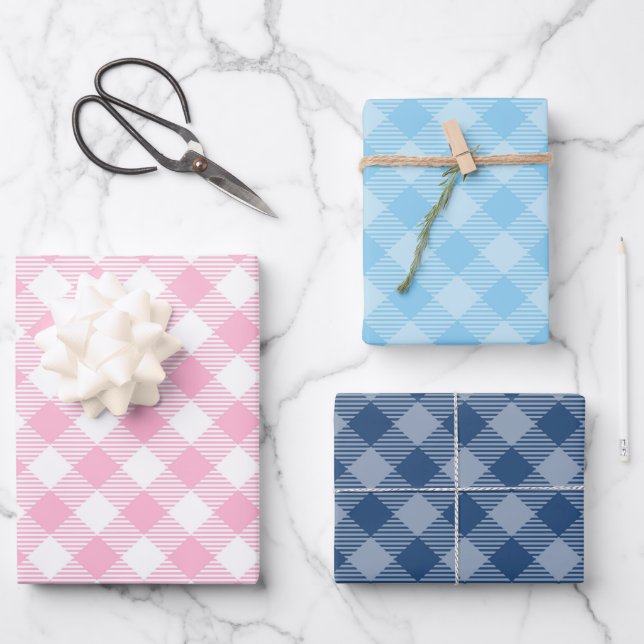 Navy, Pink and Blue Plaid  Wrapping Paper Sheet (Front)