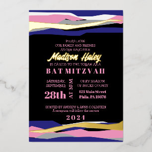 Navy Pink Bar Bat Mitzvah Invitation Gold Foil