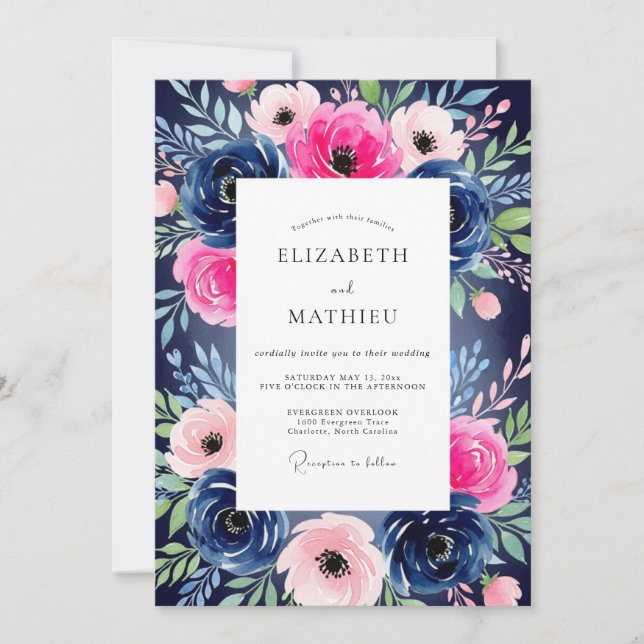 Navy Pink Bloom Romance Wedding Invitation (Front)