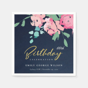 NAVY PINK BLUE GOLD PEONY FLORAL ANY AGE BIRTHDAY NAPKIN