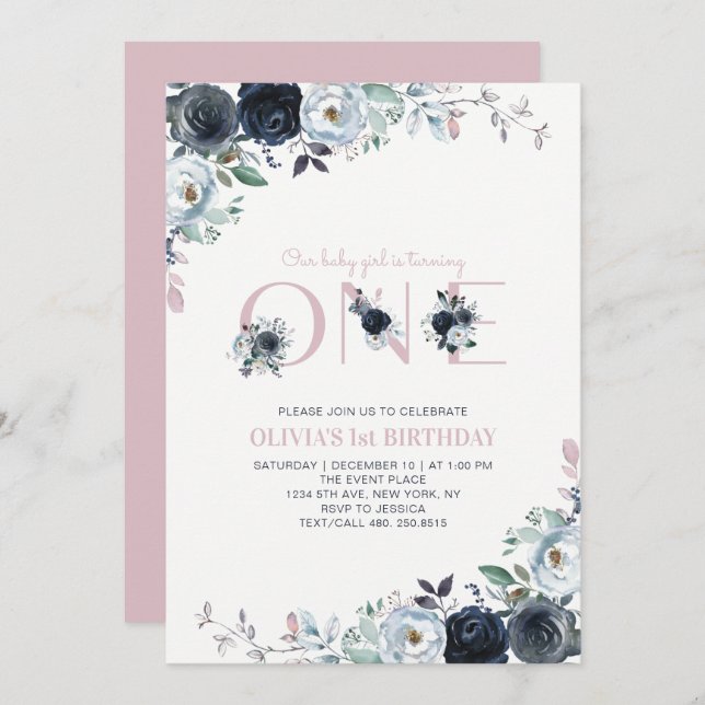 Navy & Pink Boho Floral Girl 1st Birthday Party Invitation (Front/Back)
