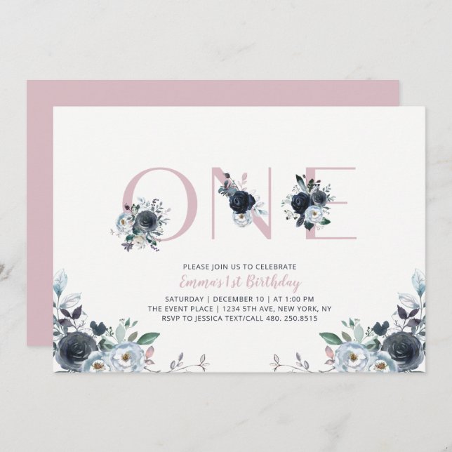 Navy & Pink Boho Floral Girl 1st Birthday Party Invitation (Front/Back)