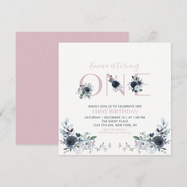 Navy & Pink Boho Floral Girl 1st Birthday Square Invitation (Front/Back)