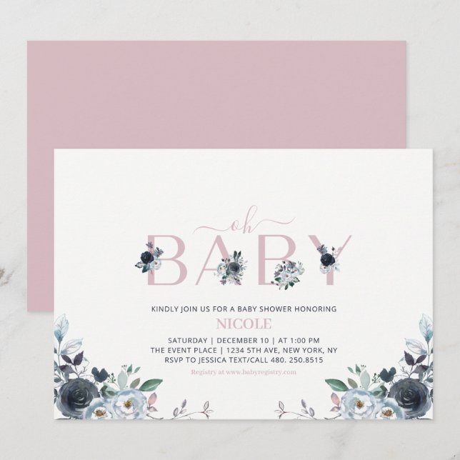 Navy & Pink Boho Floral Girl Baby Shower Invitation (Front/Back)