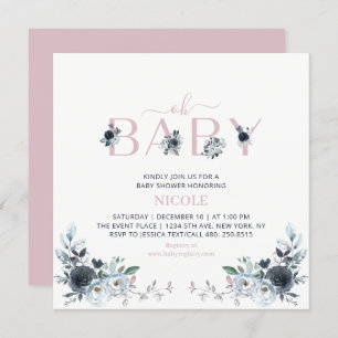 Navy & Pink Boho Floral Girl Baby Shower Square Invitation