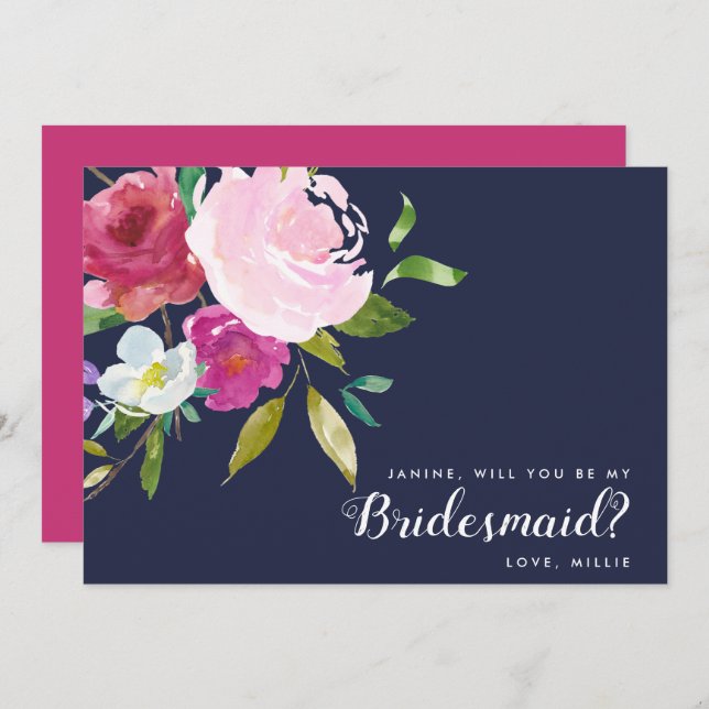 Navy & Pink Bold Floral Will You Be My Bridesmaid Invitation (Front/Back)