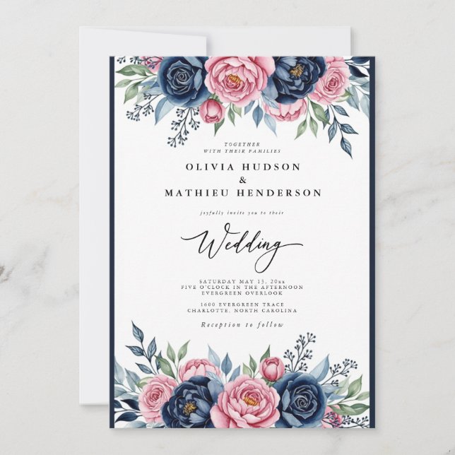 Navy Pink Botanical Bliss Wedding Invitation (Front)