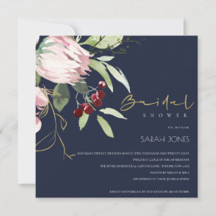 NAVY PINK BURGUNDY PROTEA FLORAL BRIDAL SHOWER INVITATION
