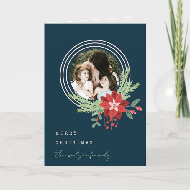 Navy Pink Circle Christmas Photo Poinsettia Floral Holiday Card (Front)