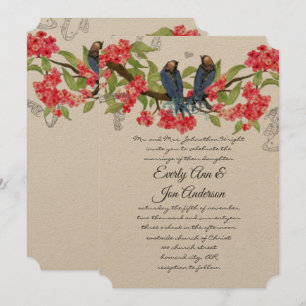 Navy Pink Coral Lovebird Forest Fairytale Wedding Invitation