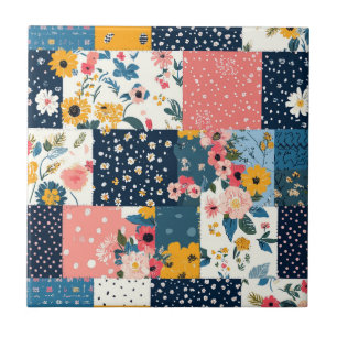 Navy Pink Cottagecore Floral Patchwork Ceramic Tile