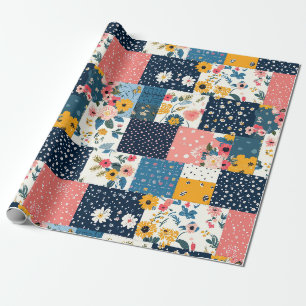 Navy Pink Cottagecore Floral Patchwork Wrapping Paper