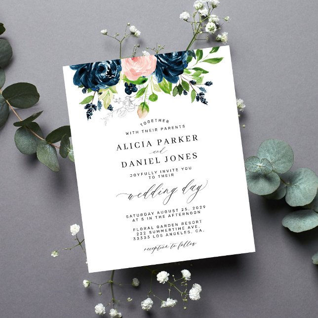 Navy pink elegant floral budget wedding invitation (Creator Uploaded)