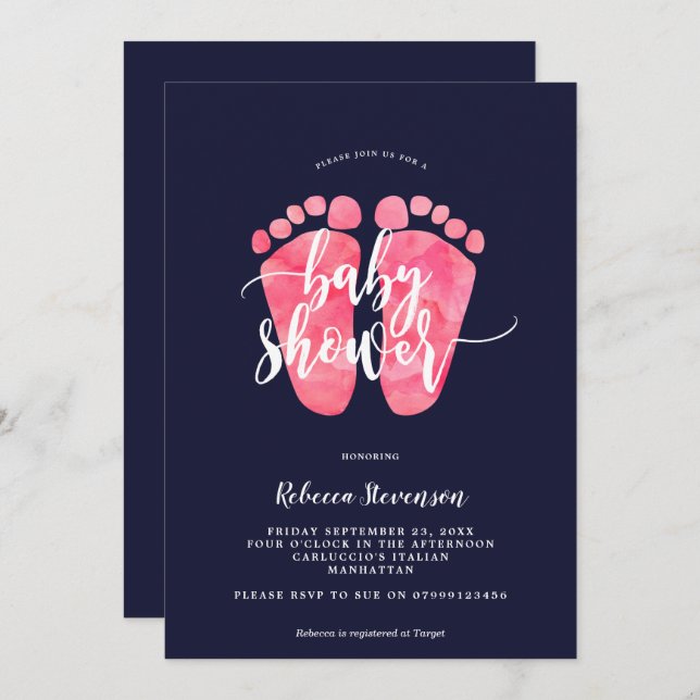 navy pink feet baby shower invitation (Front/Back)