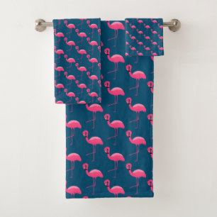NAVY PINK FLAMINGO BATHROOM TOWEL SET