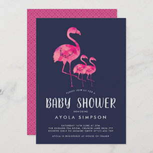 Navy & Pink Flamingos Twins Baby Shower Invite