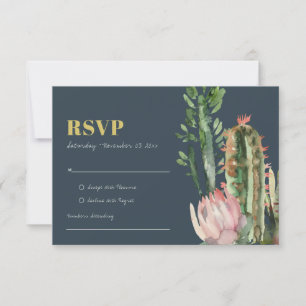 NAVY PINK FLORAL CACTI FOLIAGE WATERCOLOR RSVP CARD