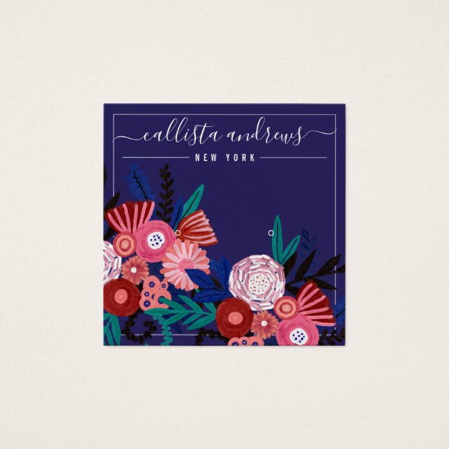 Navy Pink Floral Cursive Earring Display Card (Front)
