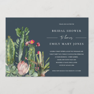 NAVY PINK FLORAL DESERT CACTI FAUNA BRIDAL SHOWER INVITATION