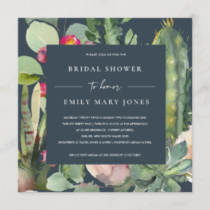 NAVY PINK FLORAL DESERT CACTI FAUNA BRIDAL SHOWER INVITATION