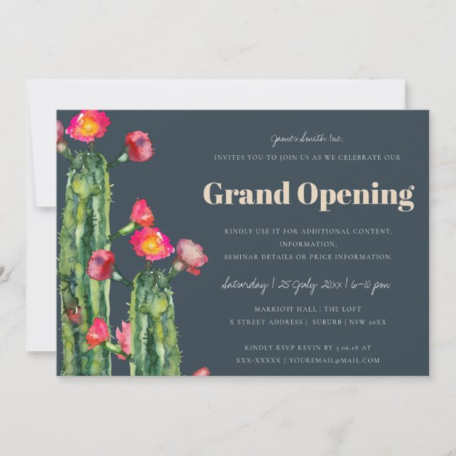 NAVY PINK FLORAL DESERT CACTI FAUNA GRAND OPENING INVITATION (Front)