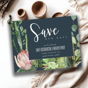 NAVY PINK FLORAL DESERT CACTI FAUNA SAVE THE DATE ANNOUNCEMENT POSTCARD