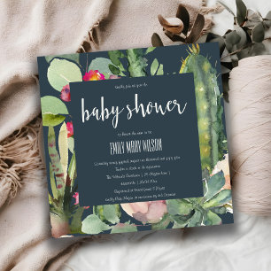 NAVY PINK FLORAL DESERT CACTI FOLIAGE BABY SHOWER INVITATION