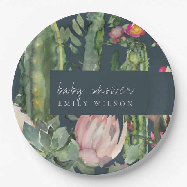 NAVY PINK FLORAL DESERT CACTI FOLIAGE  BABY SHOWER PAPER PLATE (Front)