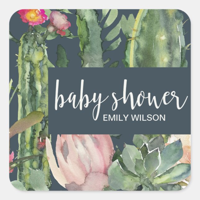 NAVY PINK FLORAL DESERT CACTI FOLIAGE BABY SHOWER SQUARE STICKER (Front)