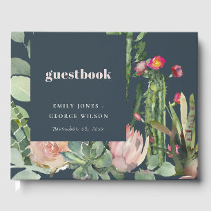 NAVY PINK FLORAL DESERT CACTI FOLIAGE  WATERCOLOR GUEST BOOK