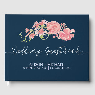 Navy pink floral elegant wedding guestbook