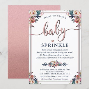 Navy Pink Floral Gender Neutral Baby Sprinkle Poem Invitation