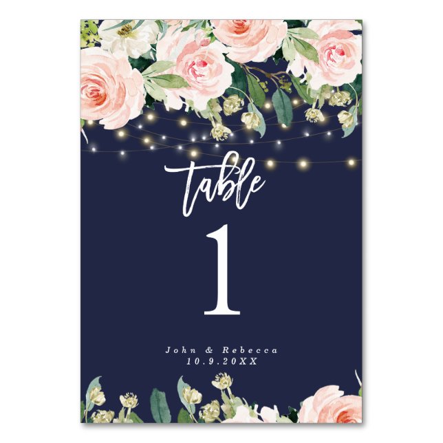 navy pink floral lights wedding table number card (Front)